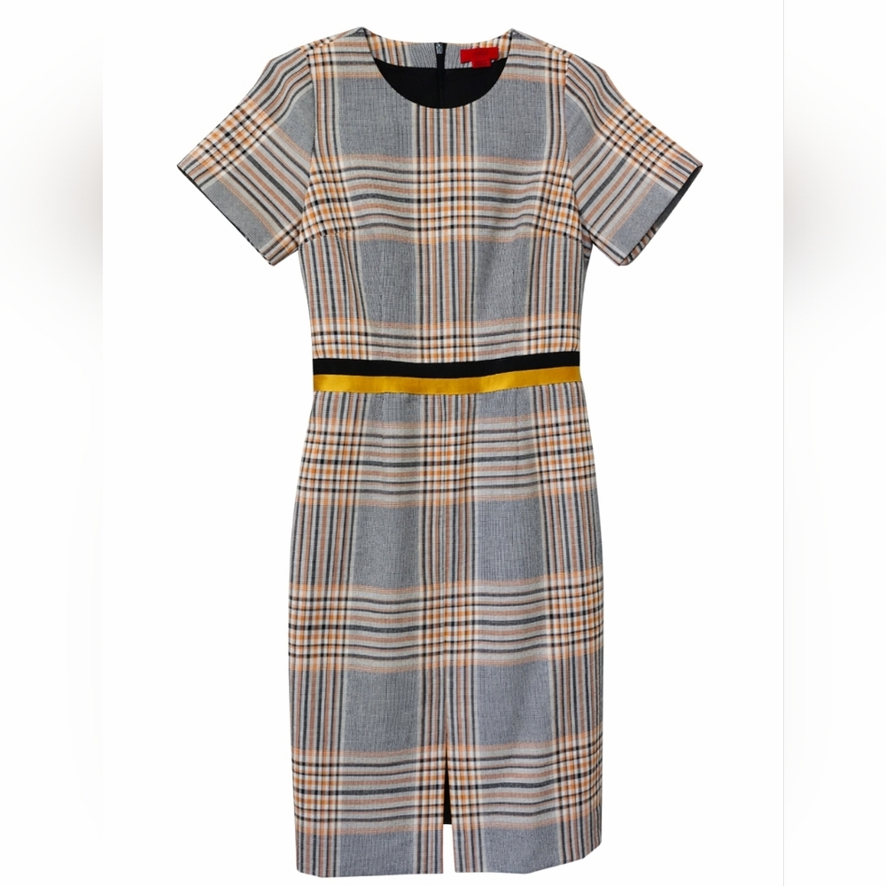 Hugo Boss Gray and Yellow Plaid Midi Dress with Contrast Waistband